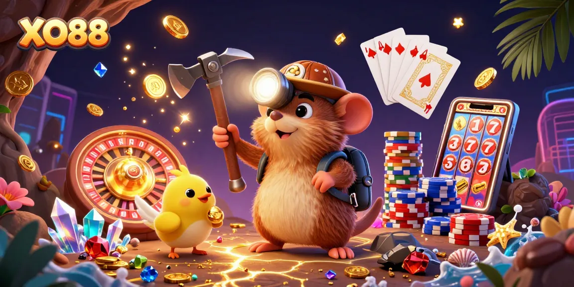 Spin the excitement of XO88 as treasure hunter mole uncovers gems in a vivid casino scene.