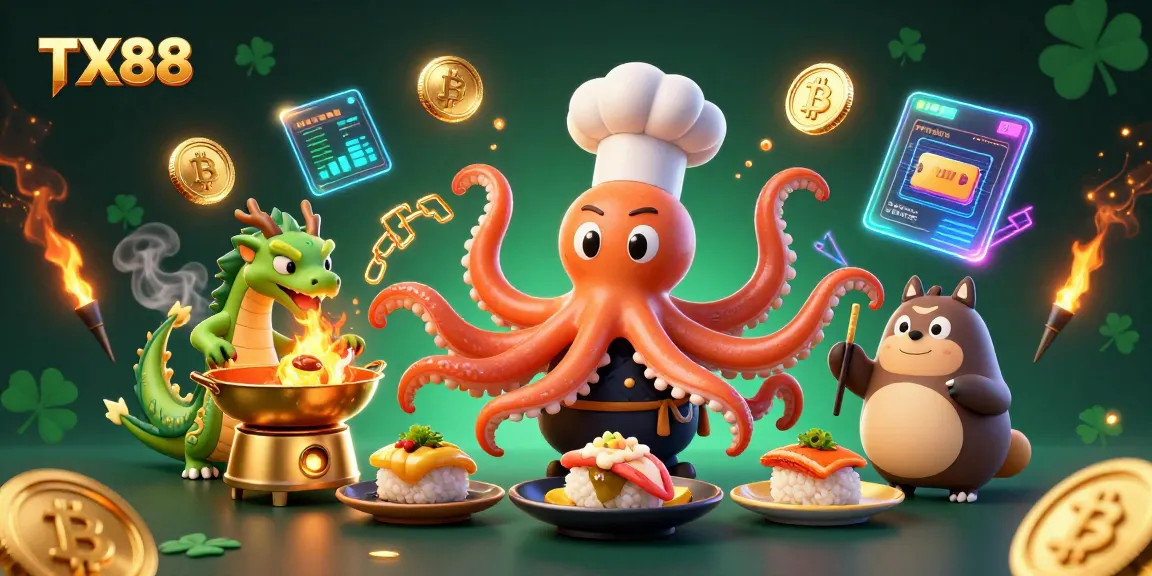 TX88 showcases a vibrant digital scene of an octopus chef and dragon companion amidst casino elements.