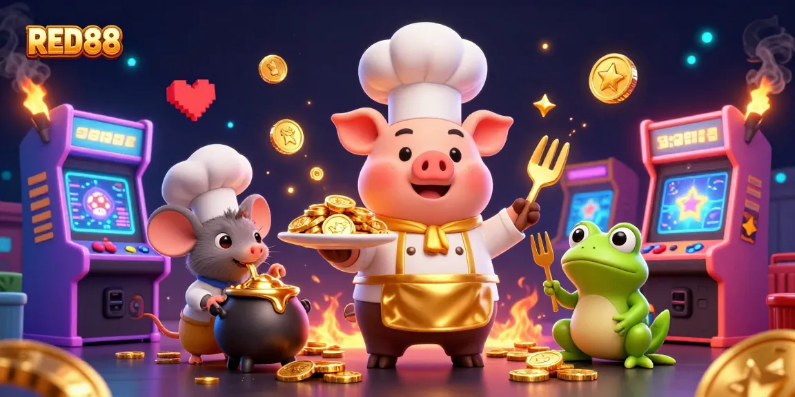 Engage with the diverse gaming experience at RED88, featuring vibrant scenes of our chef pig presenting golden coins and exciting arcade elements.