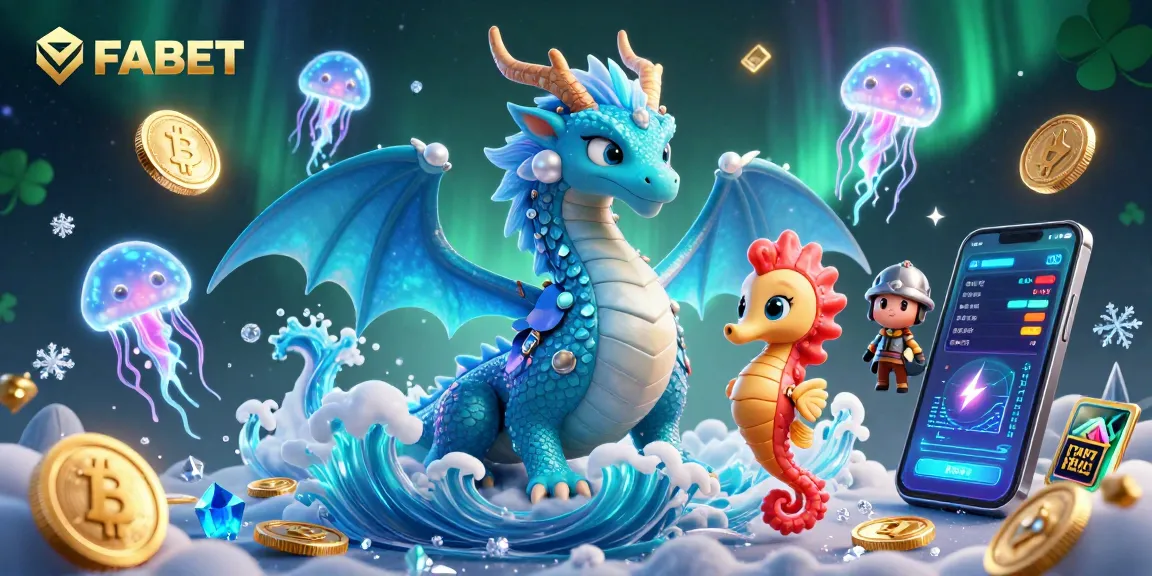 Experience FABET with a vibrant 3D scene showcasing a water dragon, knight, and casino elements!