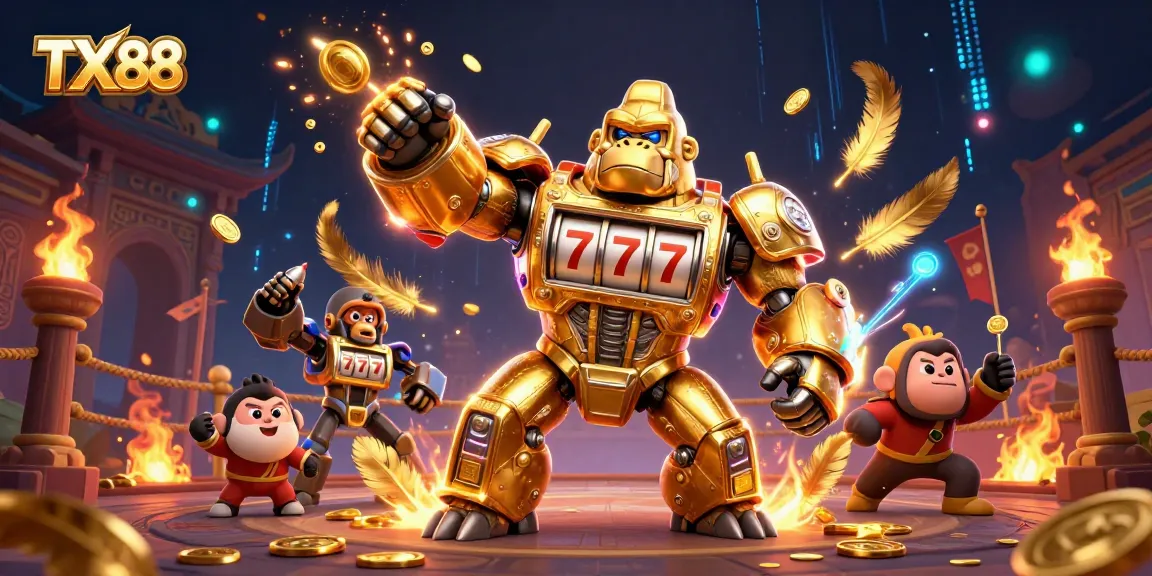 Engage with TX88's thrilling games featuring a golden gorilla mech with spinning slot reels.