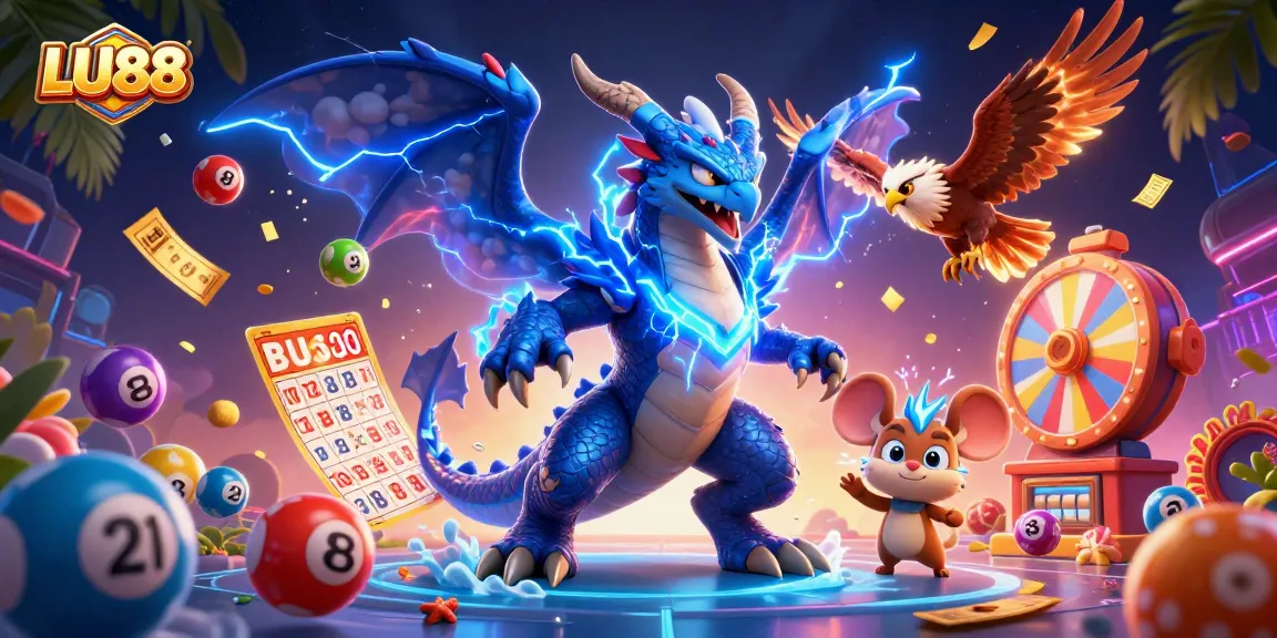LU88 showcases thrilling gaming excitement with vibrant lottery and bingo elements amidst a dynamic 3D scene.