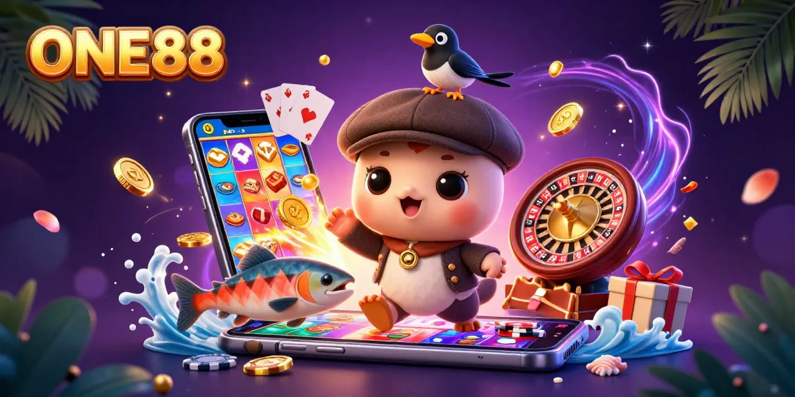 Experience the excitement of ONE88 with colorful gaming elements and playful characters in a vibrant casino scene.
