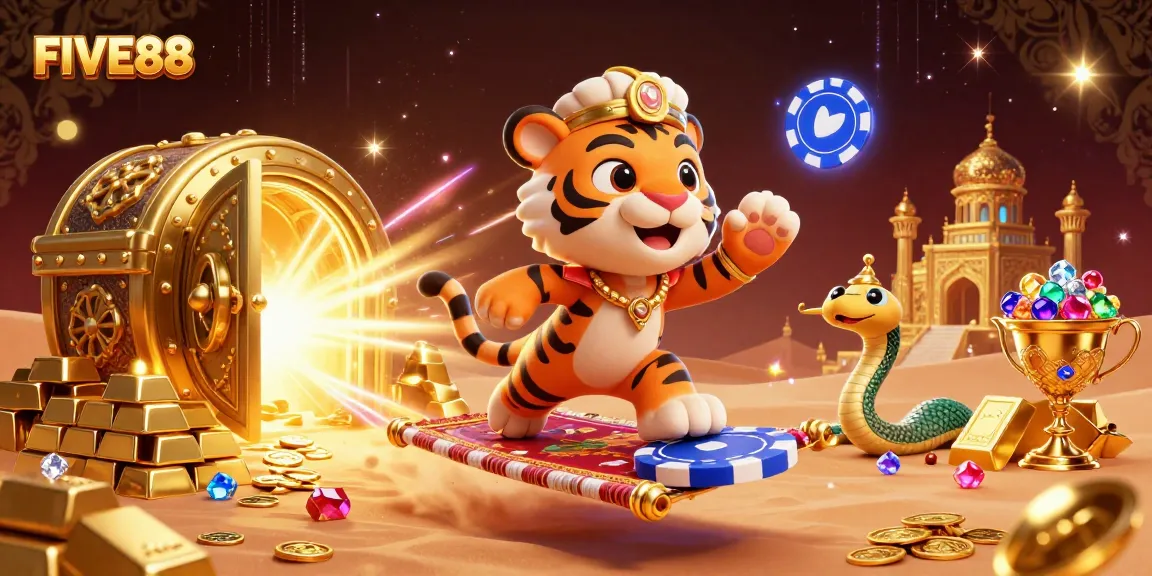 Experience thrilling moments with FIVE88 as the cartoon sultan uses a magic lamp surrounded by treasures.