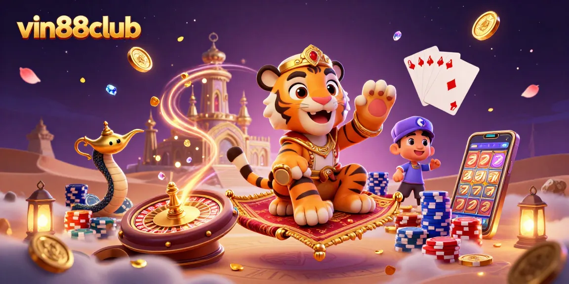 Experience vin88club's magical casino realm with an Arabian tiger sultan and treasures.