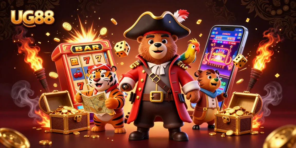 Win big with UG88 featuring a lively scene of casino fun with exciting slot machines and playful characters.