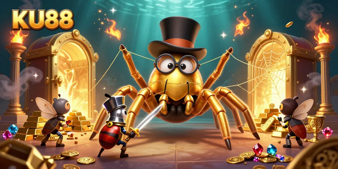 Engage with KU88's extensive gambling world witnessing a vivid scene with a golden tarantula and beetle knight.