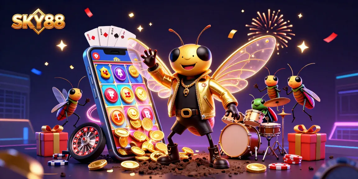 Spin and win with SKY88 in this vibrant casino illustration featuring colorful slot games.