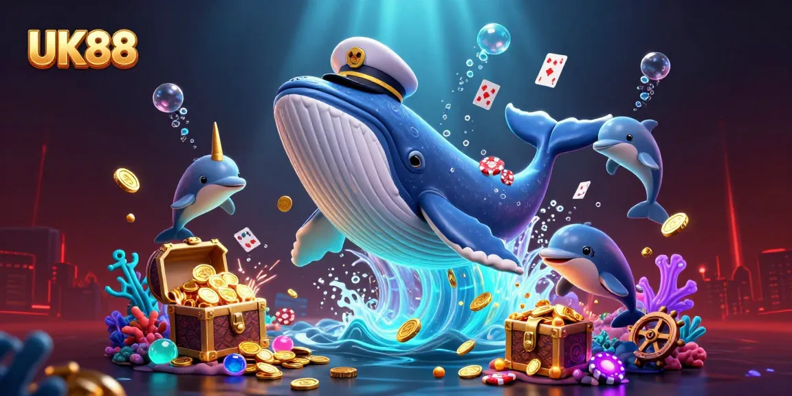 Experience UK88 with a stunning whale and friends amid coins and poker chips in a captivating underwater scene.