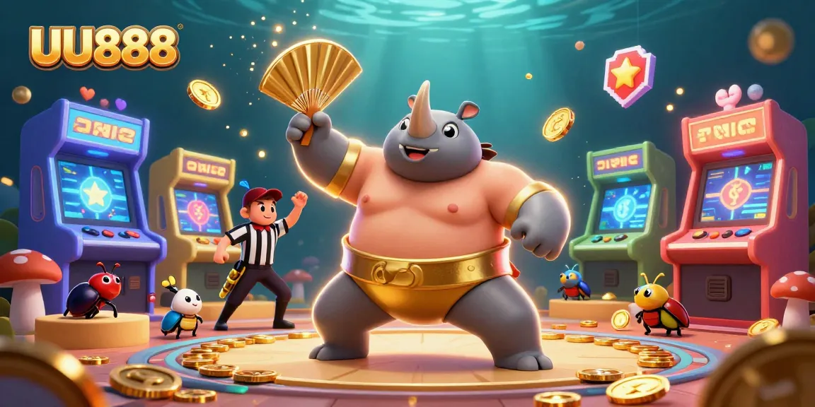 Experience the excitement of UU888 with a dynamic casino scene featuring a sumo beetle champion and glowing game elements.