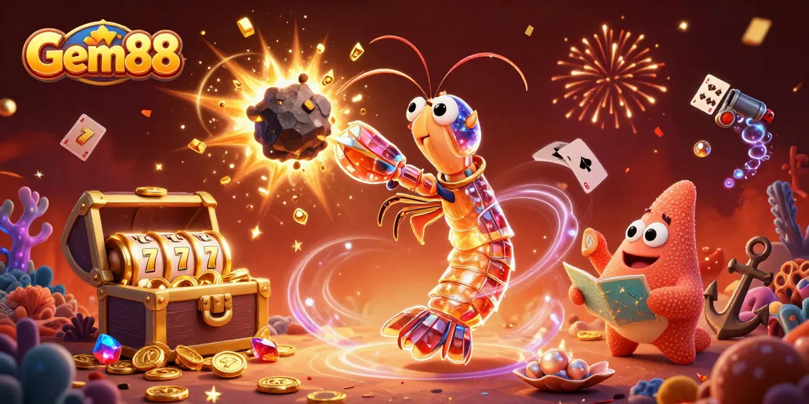 Experience the thrill of Gem88 with our vibrant 3D illustration of a galactic mantis shrimp bursting through treasures and slot elements.