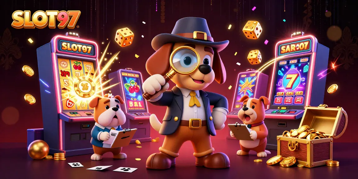 Experience the excitement of SLOT97 with a detective bloodhound chasing jackpot clues in a vibrant casino scene.