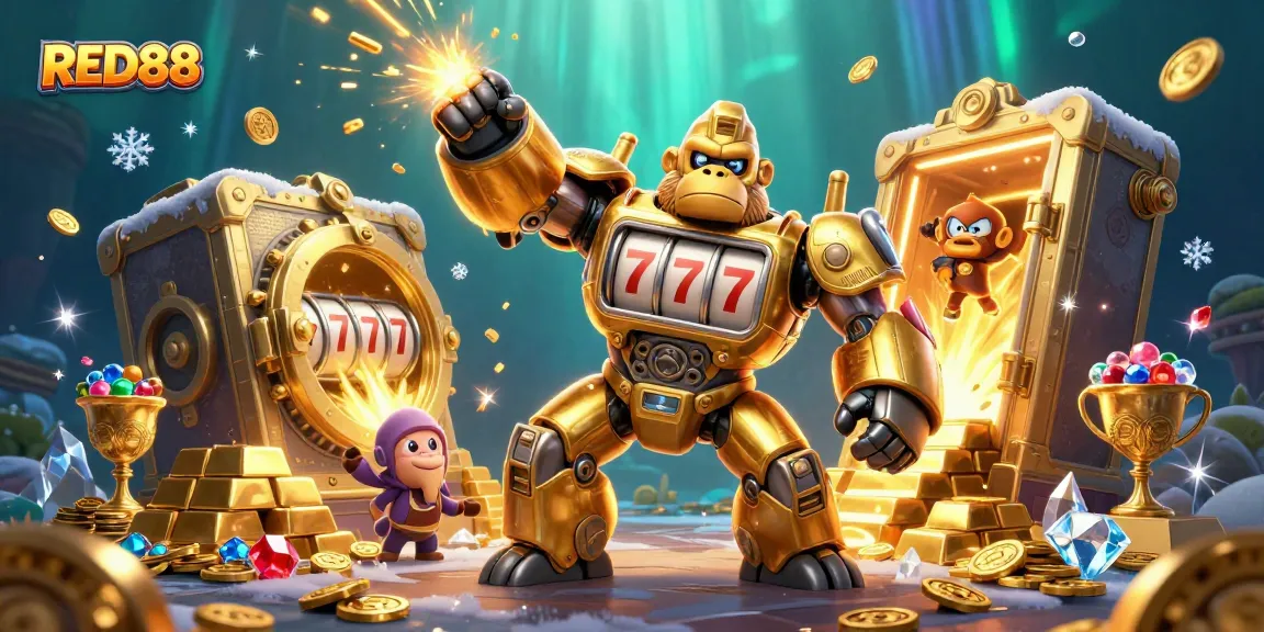 Engage in thrilling gameplay with RED88's vibrant golden gorilla mech and jackpot treasures.