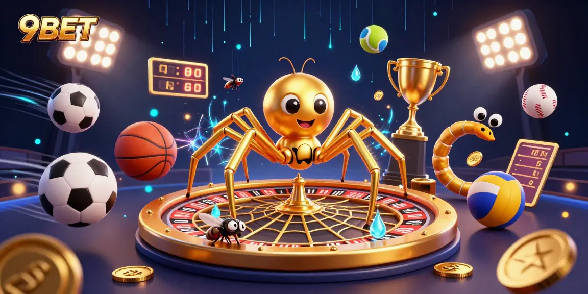 Experience thrilling bets at 9BET with a 3D golden spider and centipede croupier in a vibrant casino scene.