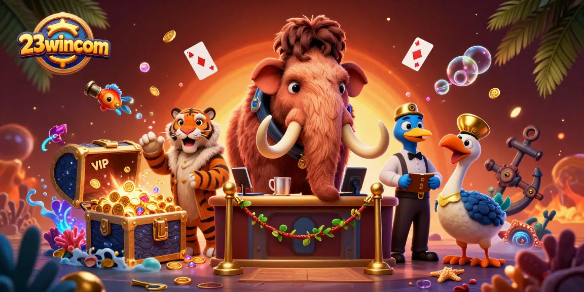 Experience vibrant gaming at 23wincom as a saber-tooth tiger and bouncer greet players at the entrance.