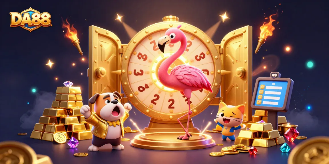Engage in DA88 casino action with flamingo host, bulldog contestant, and prize wheel in a dynamic gambling scene.