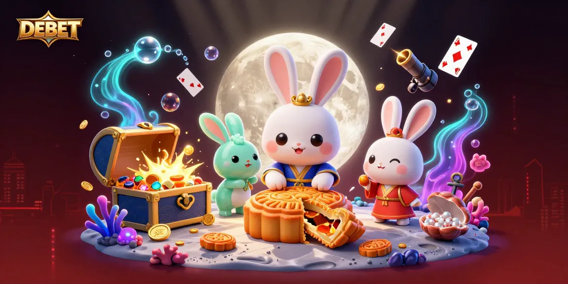 Experience the excitement of DEBET with a vibrant moon-themed casino illustration featuring charming characters and dynamic elements.