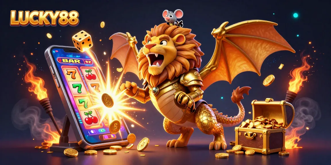 LUCKY88 welcomes players with a 3D chimera and mouse jockey in a vibrant casino scene full of jackpots and excitement.