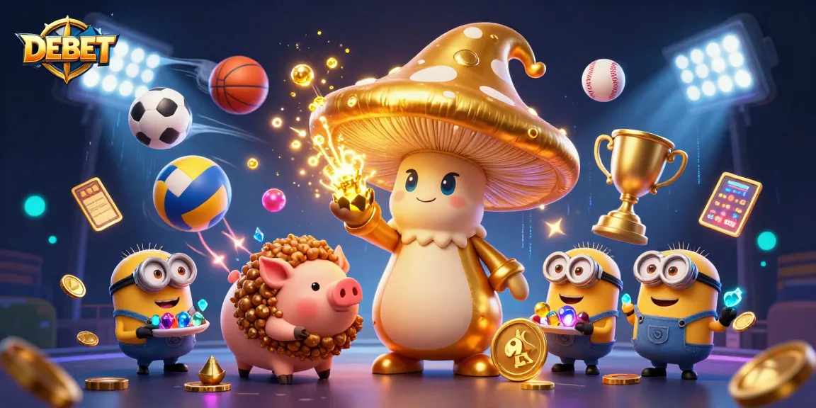 Experience the thrill of DEBET with a dynamic 3D illustration featuring a magical wizard and sports elements.