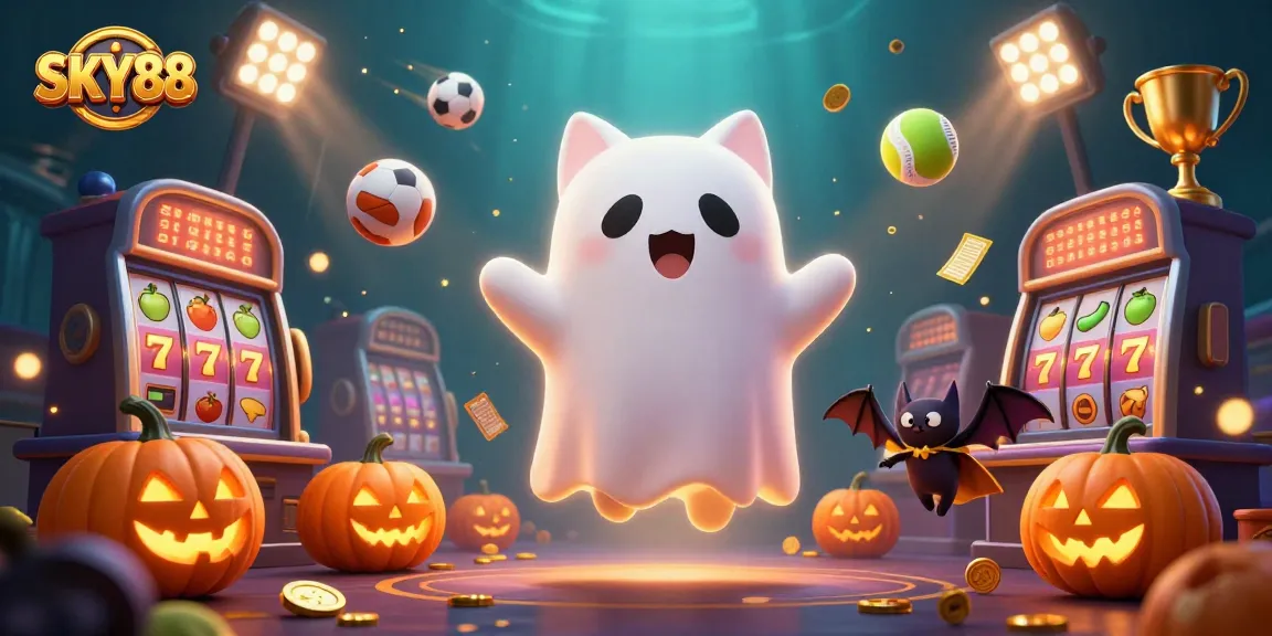 Experience thrilling gameplay in SKY88 with a ghost cat and vampire bat in a haunted casino.