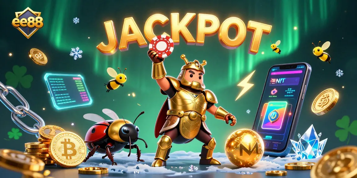 Engage with ee88's dynamic gambling experience amidst vibrant casino elements and a thrilling jackpot celebration.