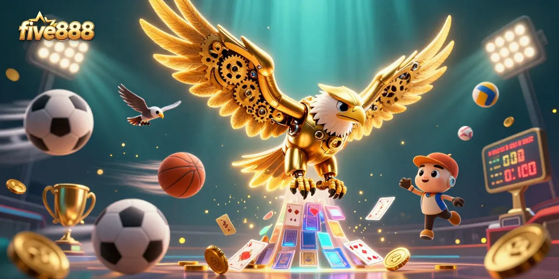 Engage with exciting sports betting action at five888, featuring an animated eagle among holographic cards and trophies.