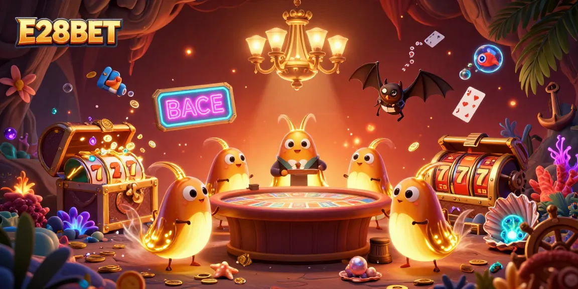 Bet big with E28BET in a vibrant casino scene filled with glowing glowworms and jackpot slots.