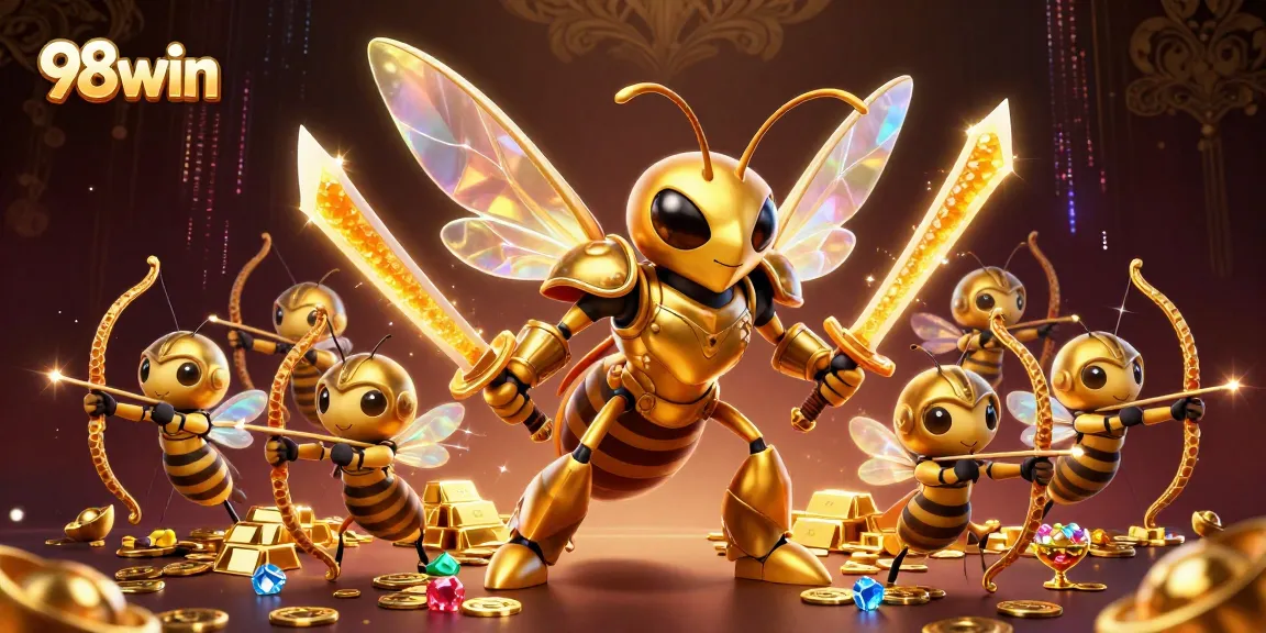 Experience the thrill of 98win with a stunning scene featuring samurai hornets, gold treasures, and dynamic gaming elements.