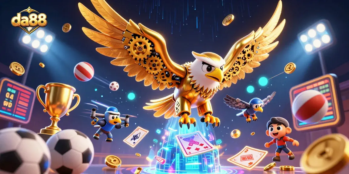 Engage in thrilling bets with da88 while the cybernetic eagle soars through a vibrant sports scene.