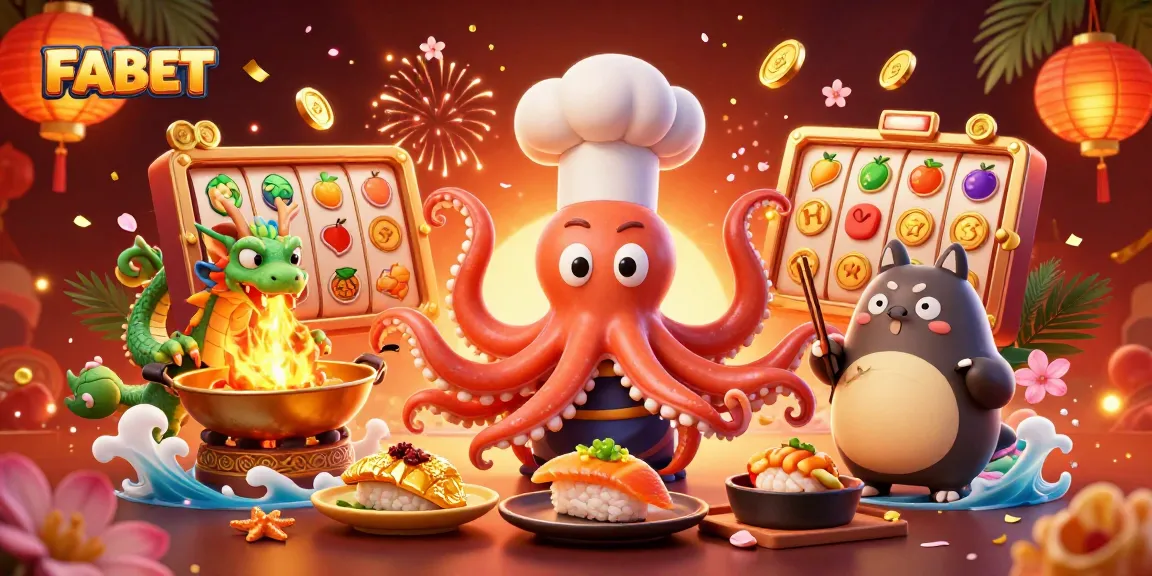 Experience winning with FABET's thrilling slots and dynamic gaming atmosphere in this vibrant illustration.