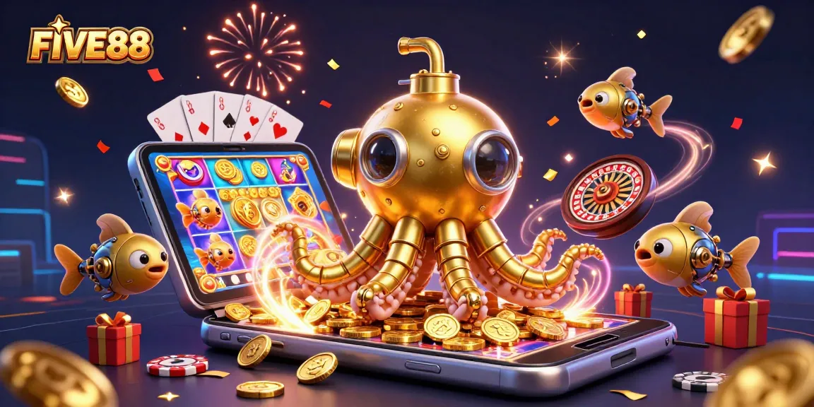 Engage with FIVE88 slot games in this vibrant, high-energy 3D casino illustration.