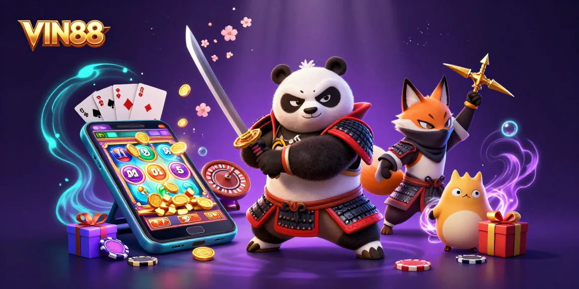 Engage in thrilling gameplay with VIN88, as samurai panda and ninja fox celebrate vibrant wins.