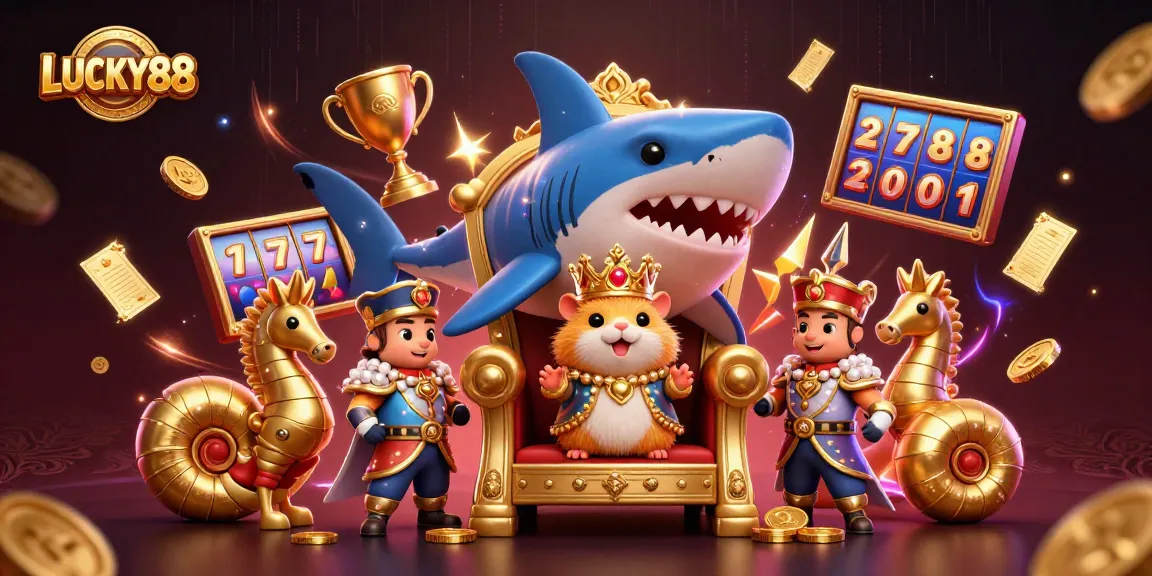 LUCKY88 brings excitement with a vibrant 3D casino-themed illustration featuring a golden hamster king and dynamic gaming elements.