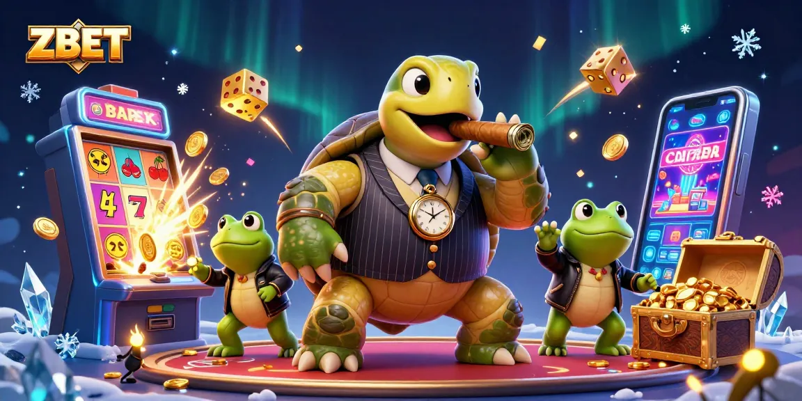 ZBET's vibrant scene showcases a snapping turtle in a casino setting, combining excitement and risk in gambling.