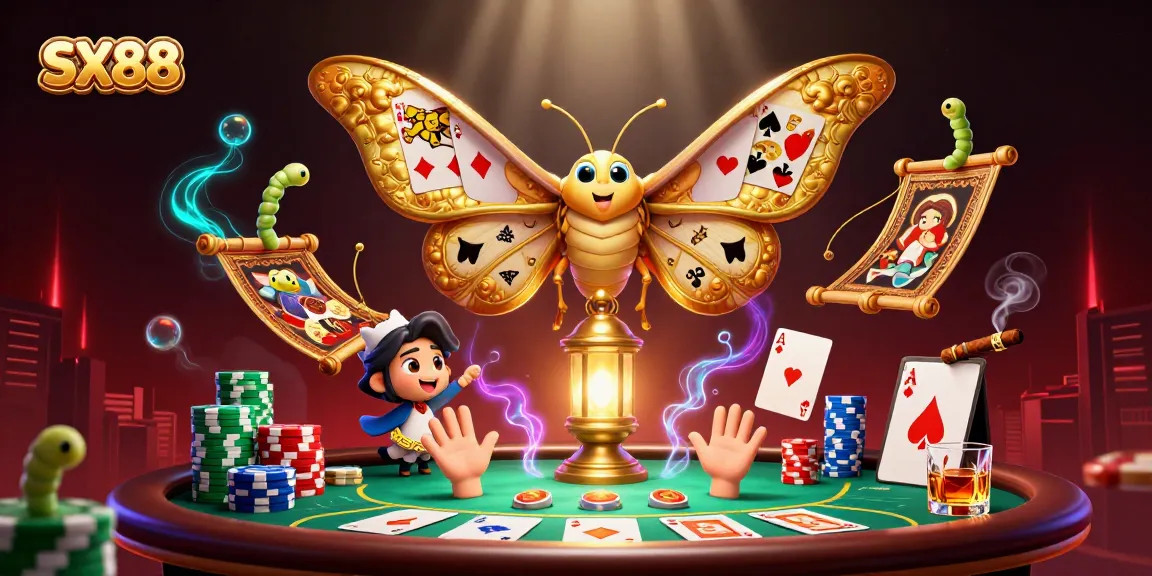 SX88 showcases a vibrant 3D scene of a butterfly-themed casino with playing cards and chips.