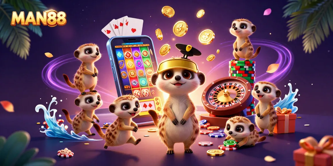 Engage with MAN88's thrilling casino experience, featuring meerkats managing a colorful gambling scene.