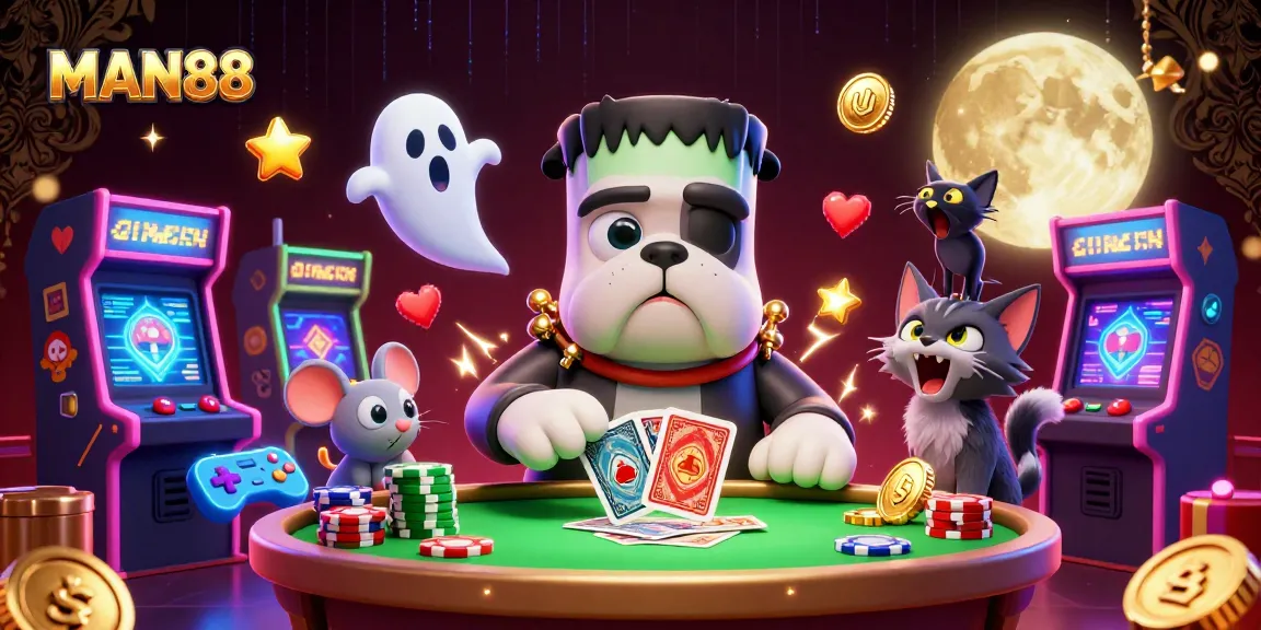 MAN88 showcases a lively casino scene with a cartoon bulldog dealer, ghost mouse, and werewolf kitten.