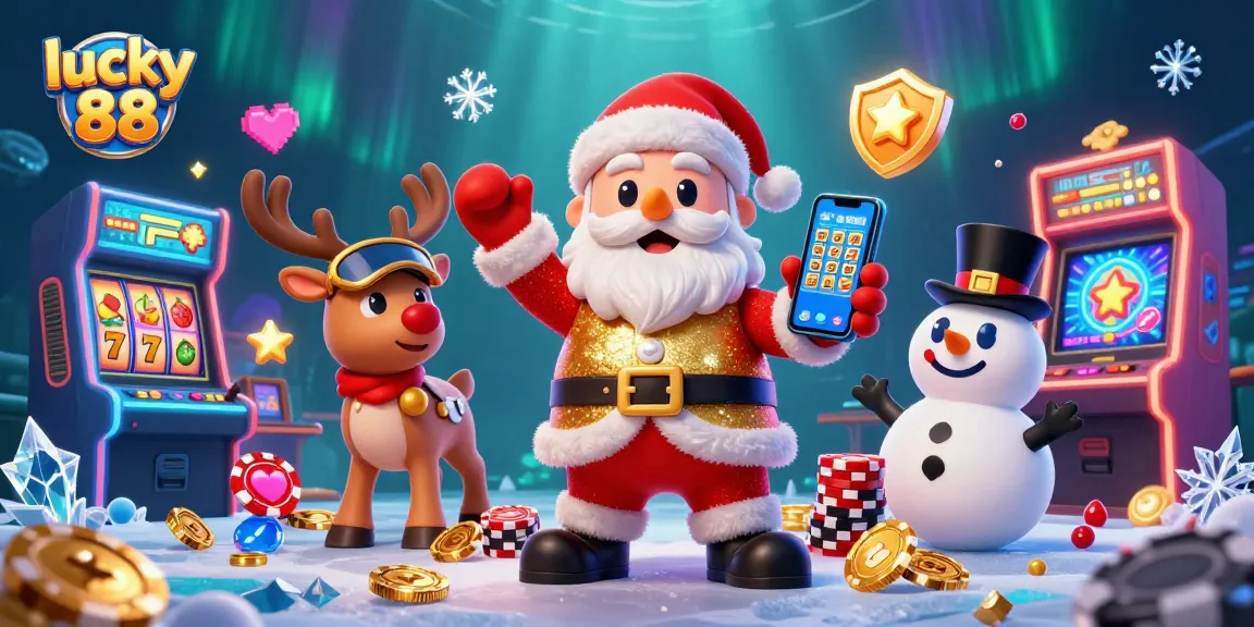 Spin slots with lucky 88 alongside Santa Claus and friends in a vibrant casino scene.
