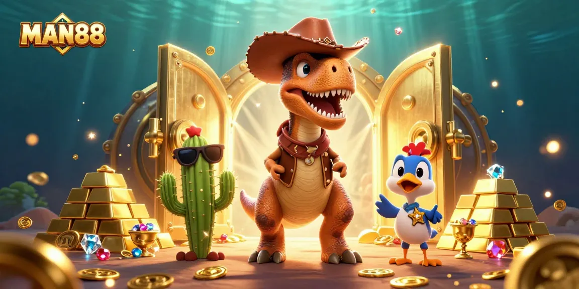 Engage with MAN88's vibrant casino world featuring dinosaur characters, gold treasures, and gaming excitement.