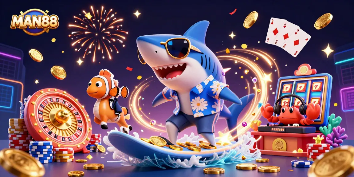 Catch the excitement at MAN88 with a vibrant 3D illustration of a gambling paradise featuring dynamic characters and vivid casino elements.