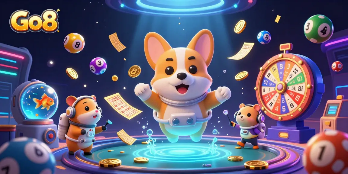 Go8 showcases a vibrant space casino scene with a floating astronaut corgi, animated game elements, and a rich cosmic backdrop.