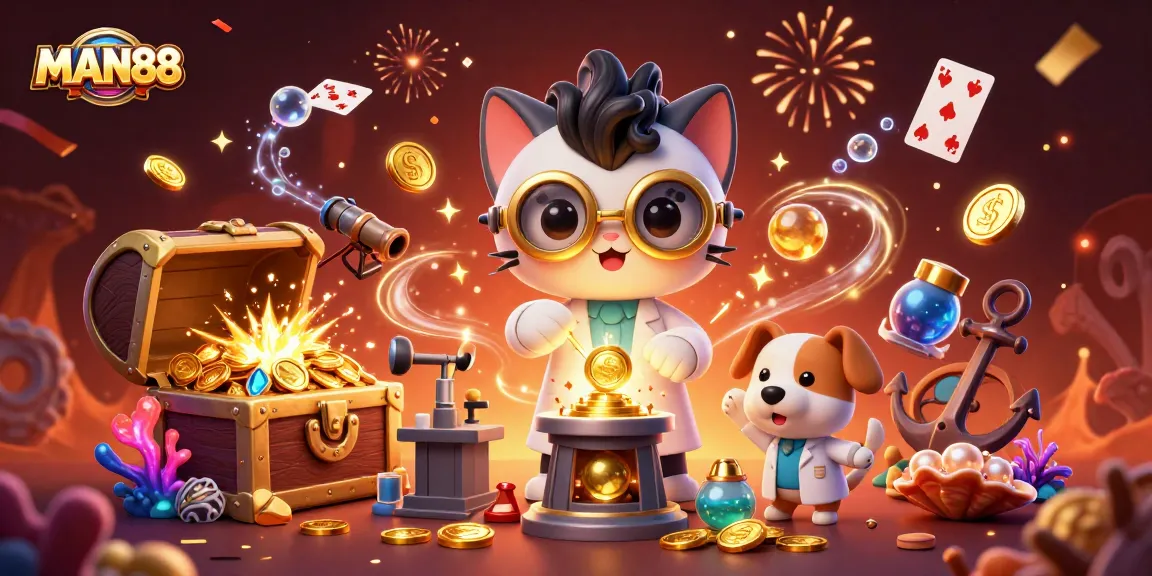 Engage with MAN88's thrilling gaming experience, showcasing a dynamic casino scene with vibrant characters.