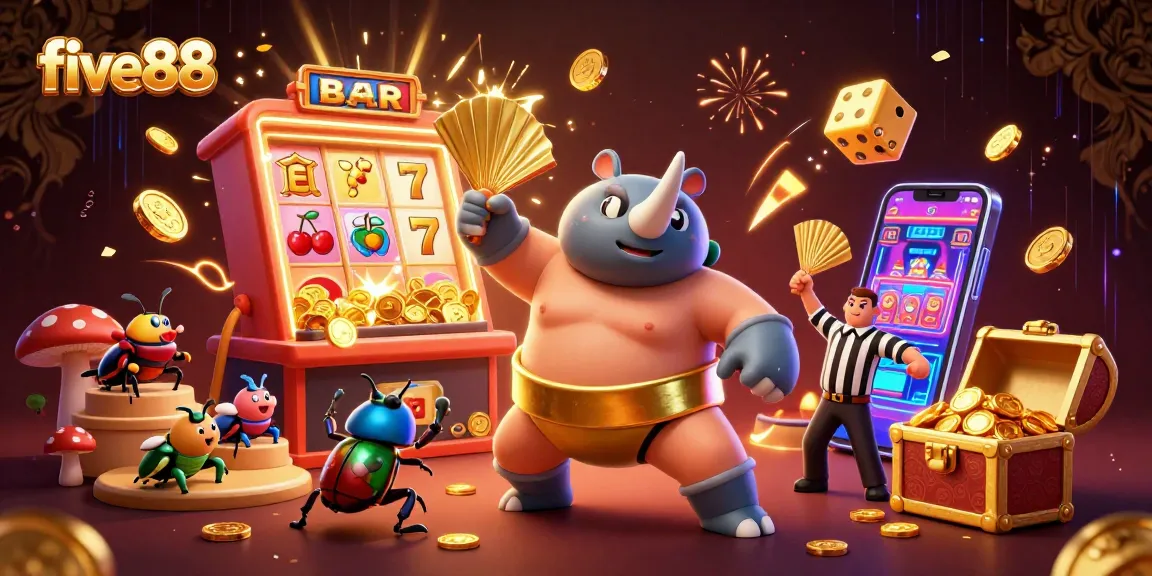 five88 showcases a powerful rhinoceros beetle champion stomping coins amidst a vibrant casino scene.