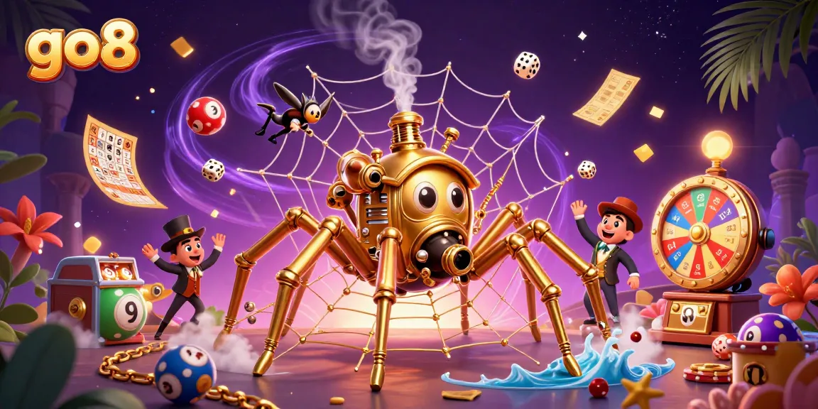 Experience thrilling gameplay at go8 with a steampunk spider catching dice amid vibrant casino elements.